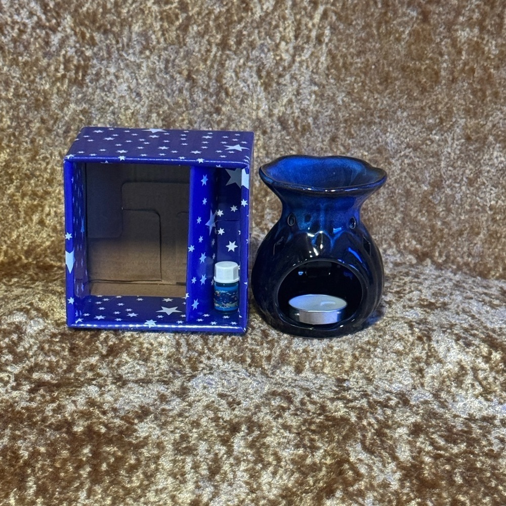Porcelain Oil Burner Black Blue & Brown W/ 1 Tealight & Small Starter Oil Ocean